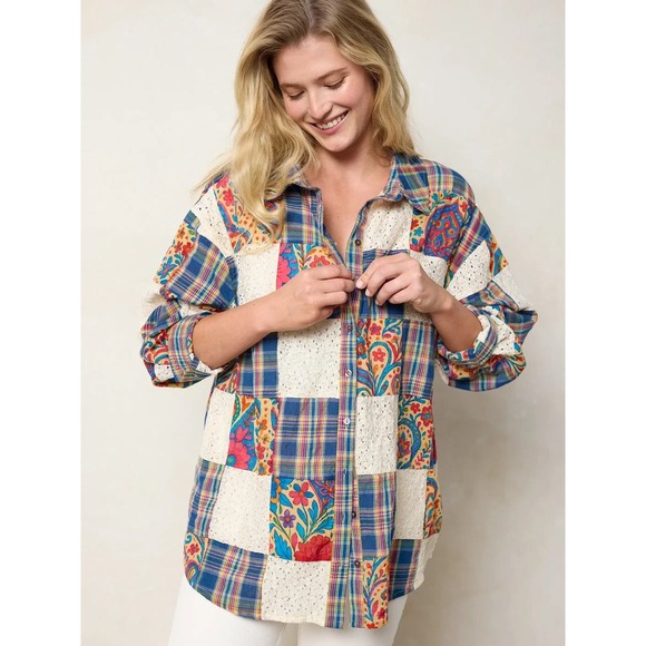 NATURAL LIFE Tops - Natural Life Barcelona Patchwork Button Down Shirt XL NWT Lace Boho Oversized